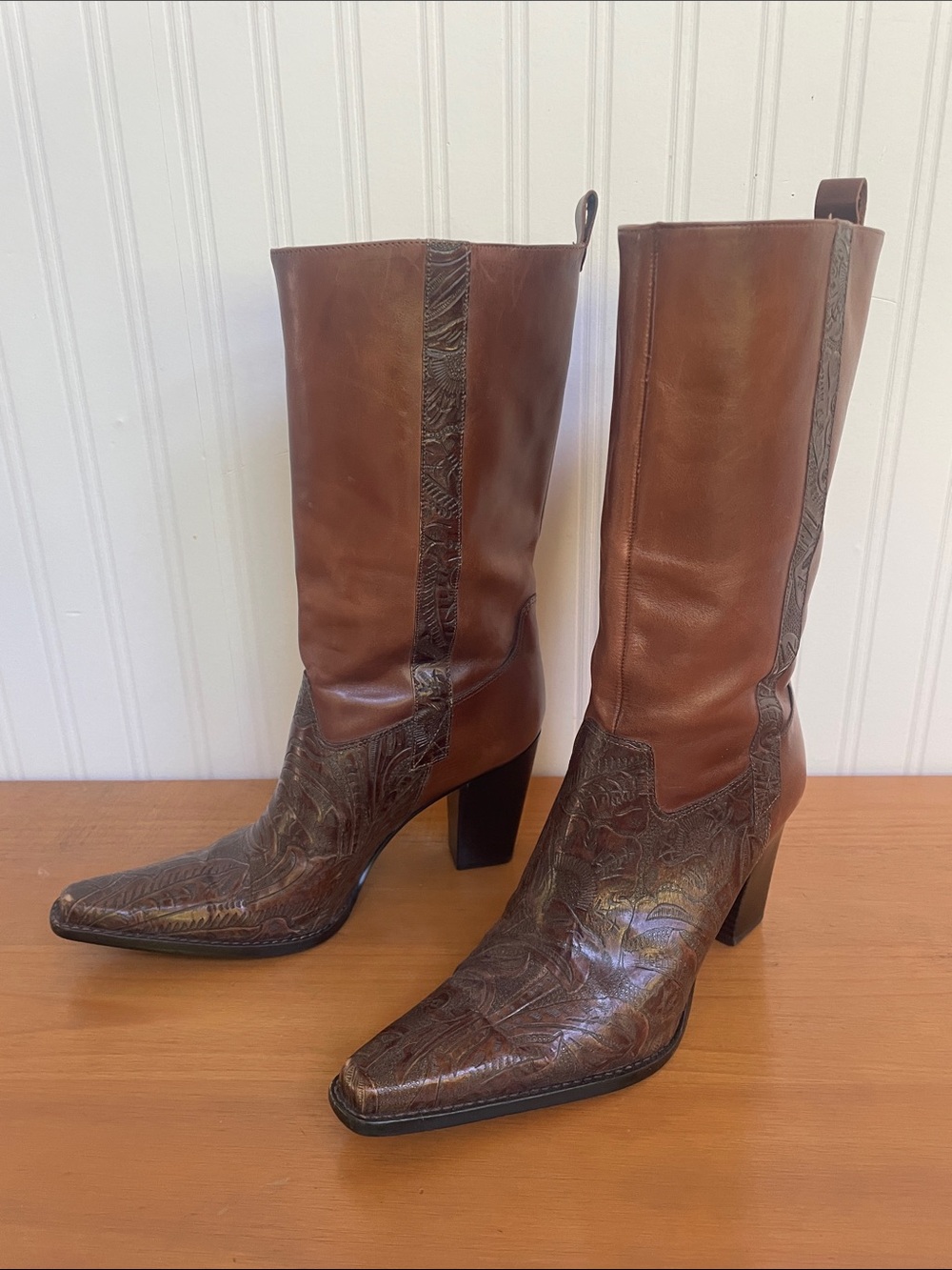 ANTONIO MELANI Brown Two-Tone Embossed Leather Western Boots Size 8.5